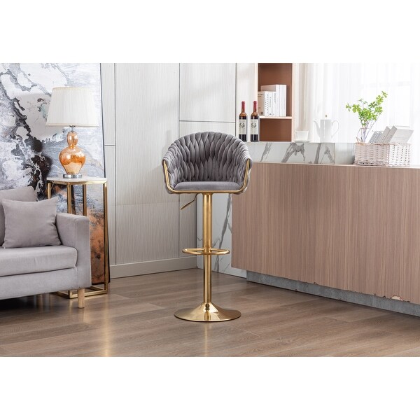 Velvet Swivel Upholstered Adjustable Height Bar Stools With Metal Footrest