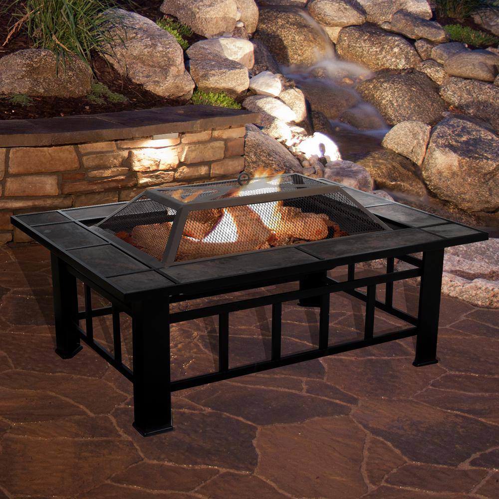 Pure Garden 37 in. Steel Rectangular Tile Fire Pit with Cover M150072