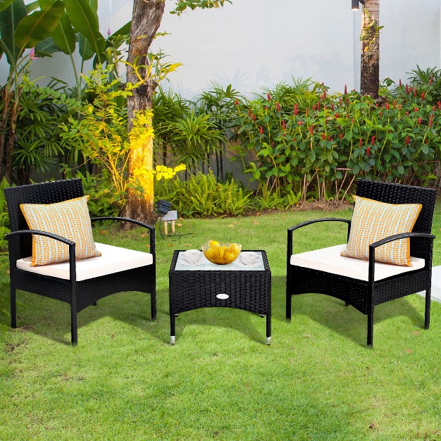 Costway 3 Pcs Furniture Set Table amp 2 Chair Patio Wicker Rattan W cushion