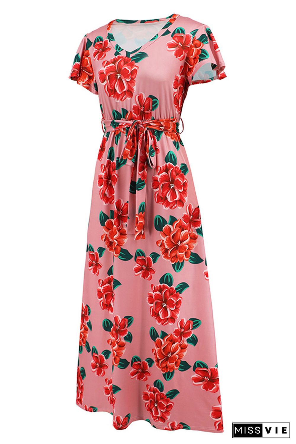 V Neck Short Sleeves Floral Maxi Dress