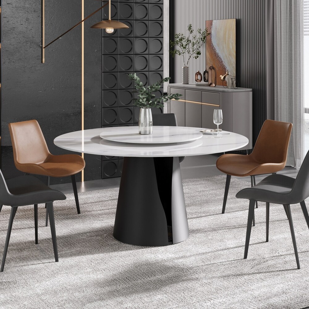 Modern Round Slate Kitchen Dining Table  Black Pedesta and Turntable    59.05 inch   N/A