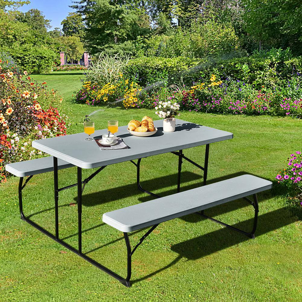 Costway Rectangle Metal Folding Indoor and Outdoor Picnic Table Bench Set with Wood-like Texture Grey OP70672GR