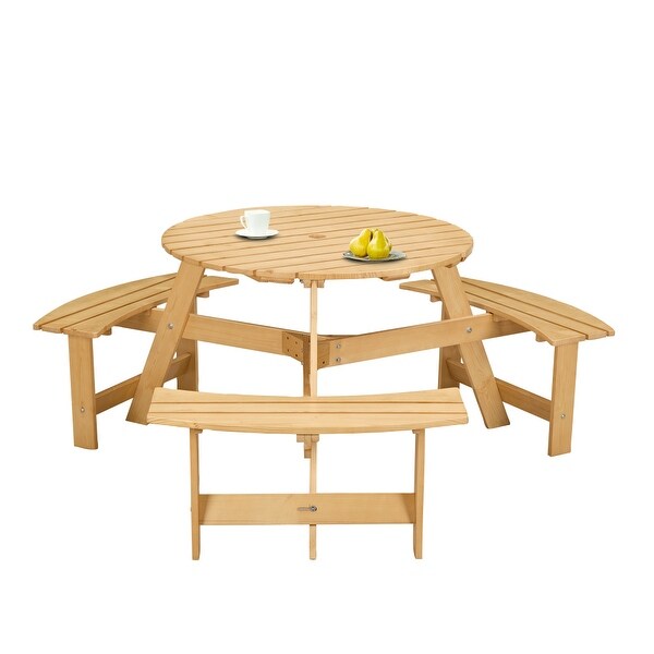 63'' 6Person Outdoor Patio Round Wood Metal Picnic Table with 3 Builtin Benches and Umbrella Hole