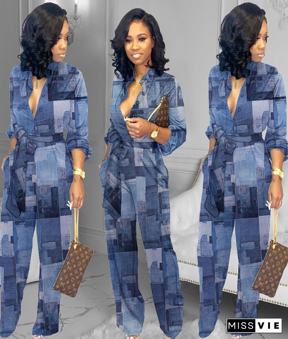 Fashion Faux Denim Print Long Sleeve Loose Wide-leg Jumpsuit