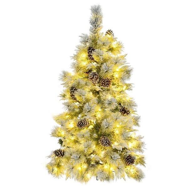 4/6/7.5FT PreLit Spruce Snow Flocked Christmas Tree，PE and PVC Artificial Lighted Xmas Tree with Cones，11 Flashing Modes