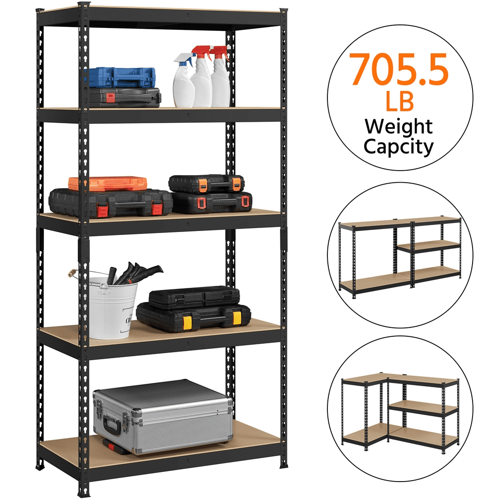 Topeakmart 4 Pieces of 5 Tiers Adjustable Metal Storage Shelving Heavy Duty Boltless Display Stand, Black