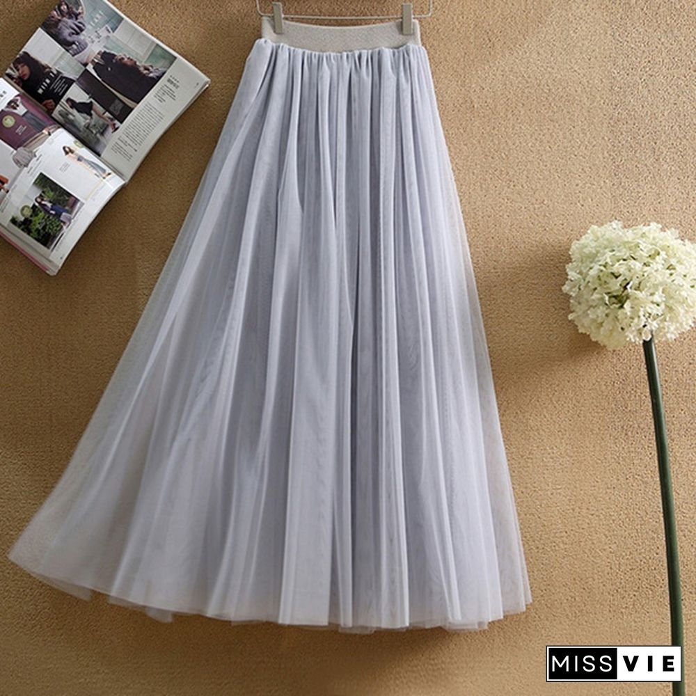 Tulle Skirts Women Summer Elastic High Waist Long Mesh Skirt Womens Tutu Maxi Pleated Skirt