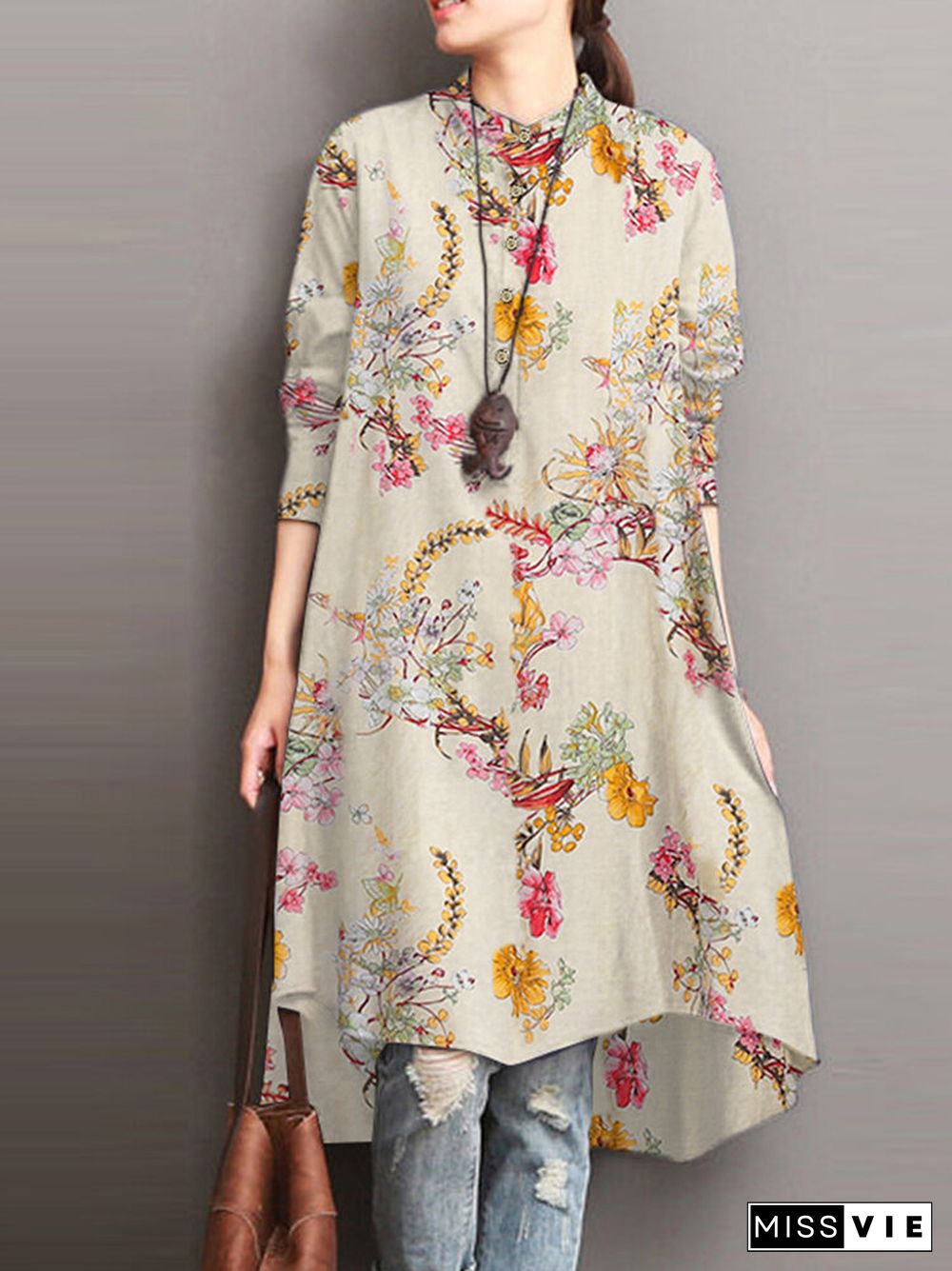 Plants High-low Button Long Sleeve Stand Collar Vintage Dress