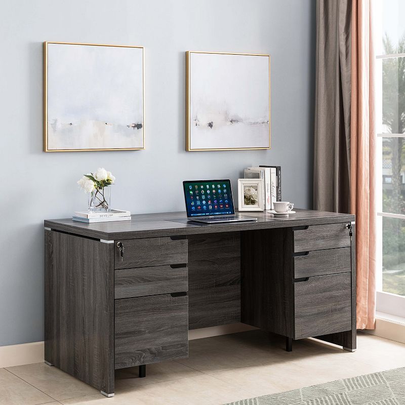 FC Design Distressed Grey Home Office Desk with 4 Lockabale Drawers and 2 Lockable File Cabinet Organizers