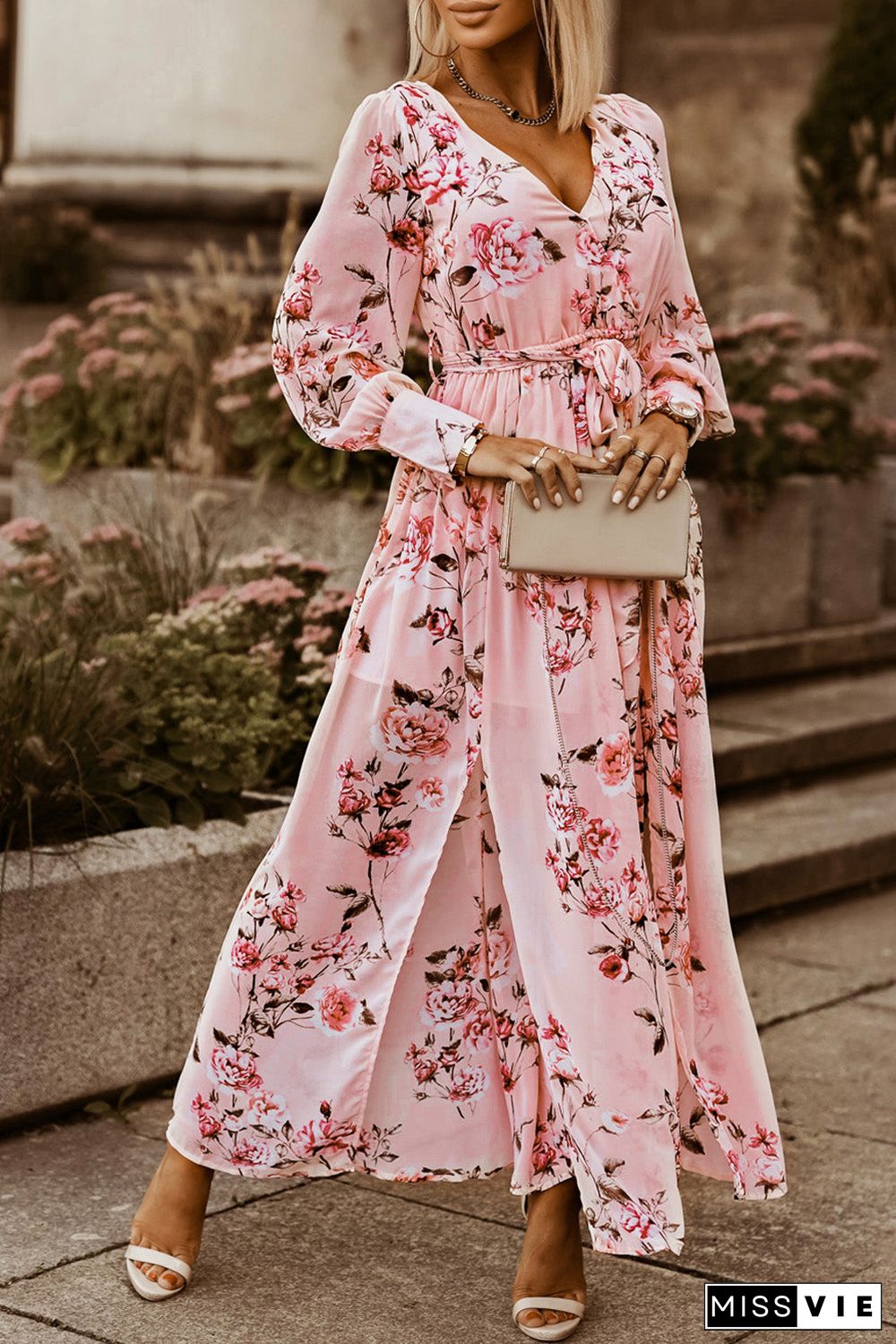 Pink Floral Long Sleeve Side Split High Waist Bohemia Maxi Dress