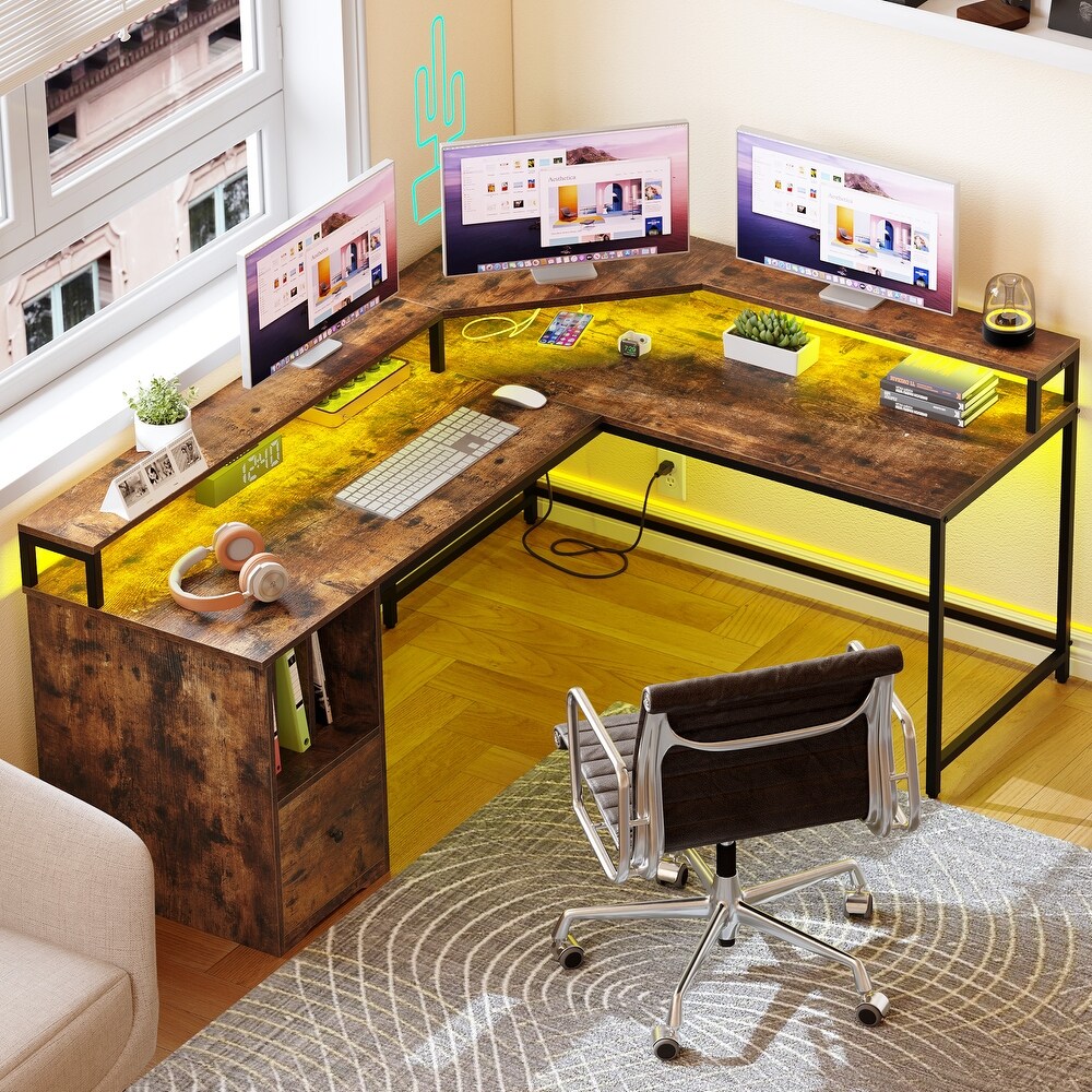 66 inch L Shaped Desk with Shelves and Monitor Stand Home Office Desk