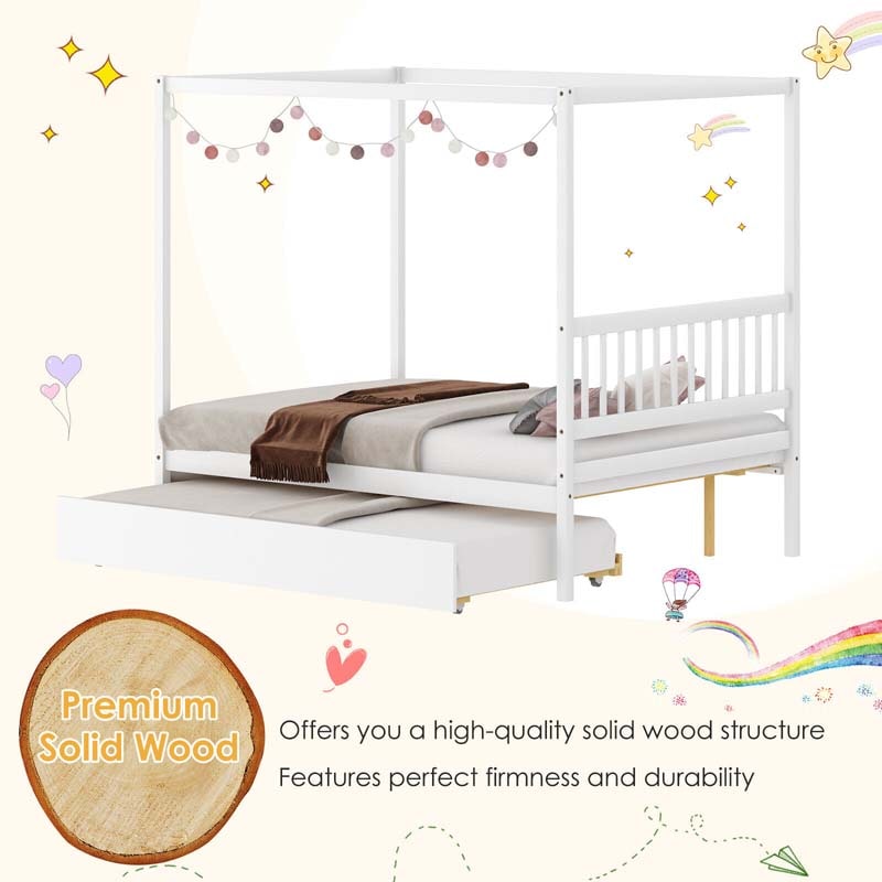 Full Size Canopy Bed with Trundle, Solid Wood Platform Bed Frame with Headboard, Full Bed for Kids Teens Adults