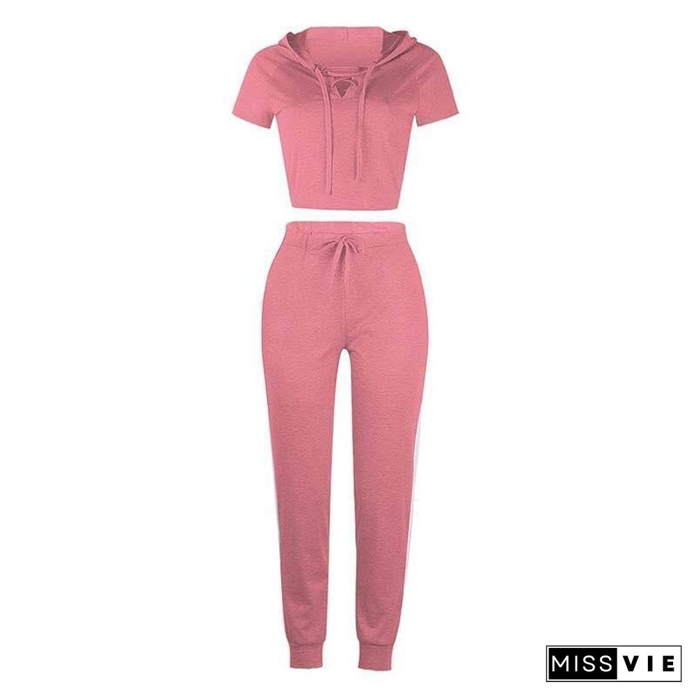 Summer 2 Piece Set Women Sexy Bandage Two Piece Set Top and Pants Long Pants Suit Female Short Sleeve Crop Tops Tracksuit