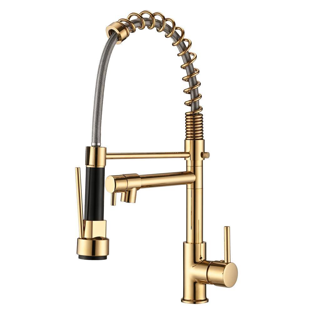 PROOX Single Handle Deck Mount Spring Pull Down Sprayer Kitchen Faucet with Pot Filler in Polished Gold PR22AARX291PG