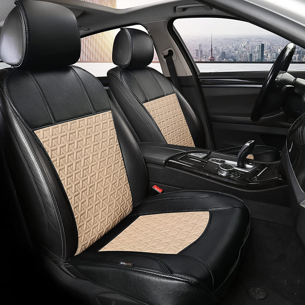 Leather Pu Car Seat Cover， Luxury Universal Front Car Seat Cushion， Full Wrapped Edge Waterproof Car Seat Protectors， Universal Fit For 95% Cars，Suv，Trucks(2Pcs，Black+Beige)