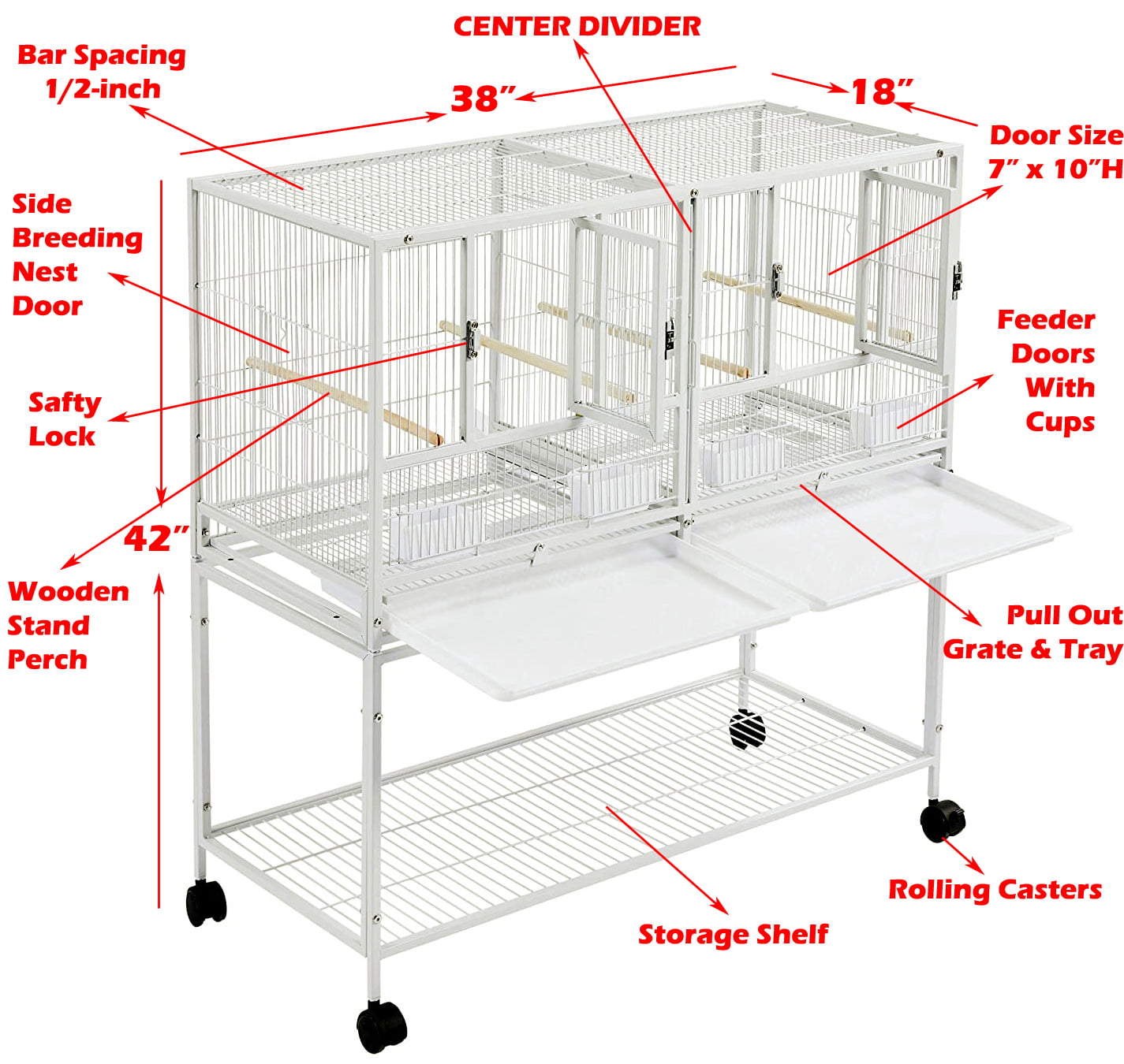 Single Stackable Bird Flight Breeder Cage Center Divider Side Nesting Box Doors Metal Bird Cage with Rolling Stand for Small Birds Lovebirds Finch Canaries Parakeets Cockatiels Budgies