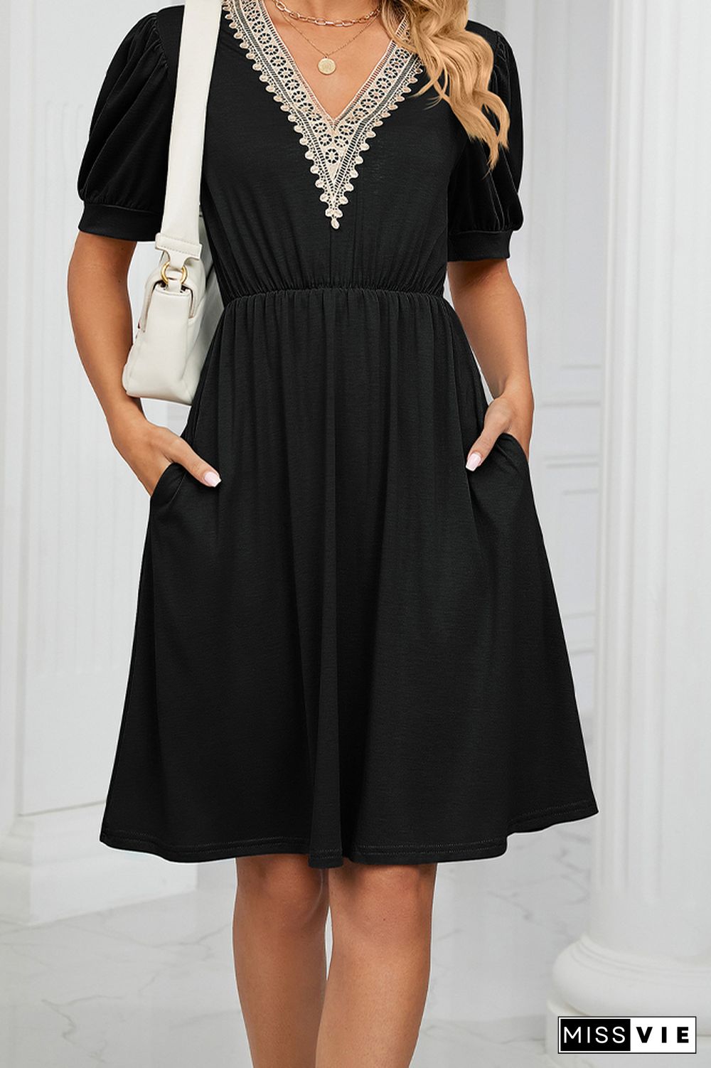 V Neck Lace Edge Pockets T-Shirt Dress