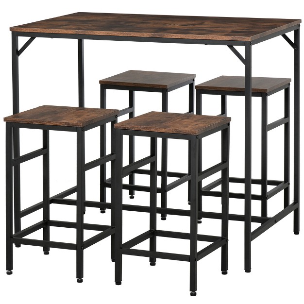 Gadgsetstore 5 piece Industrial Dining Table Set Bar Table amp 4 Stools Set Space Saving For Pub amp Kitchen Black brown