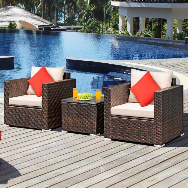 Costway 3pcs Patio Rattan Outdoor Furniture Set W Cushioned Sofa Coffee Table