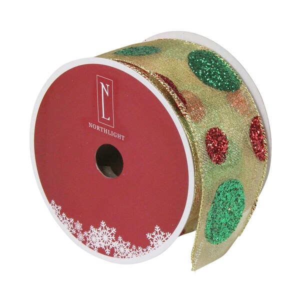 Red and Green Glitter Polka Dots on Metallic Gold Wired Ribbon 2.5 x 16 Yards