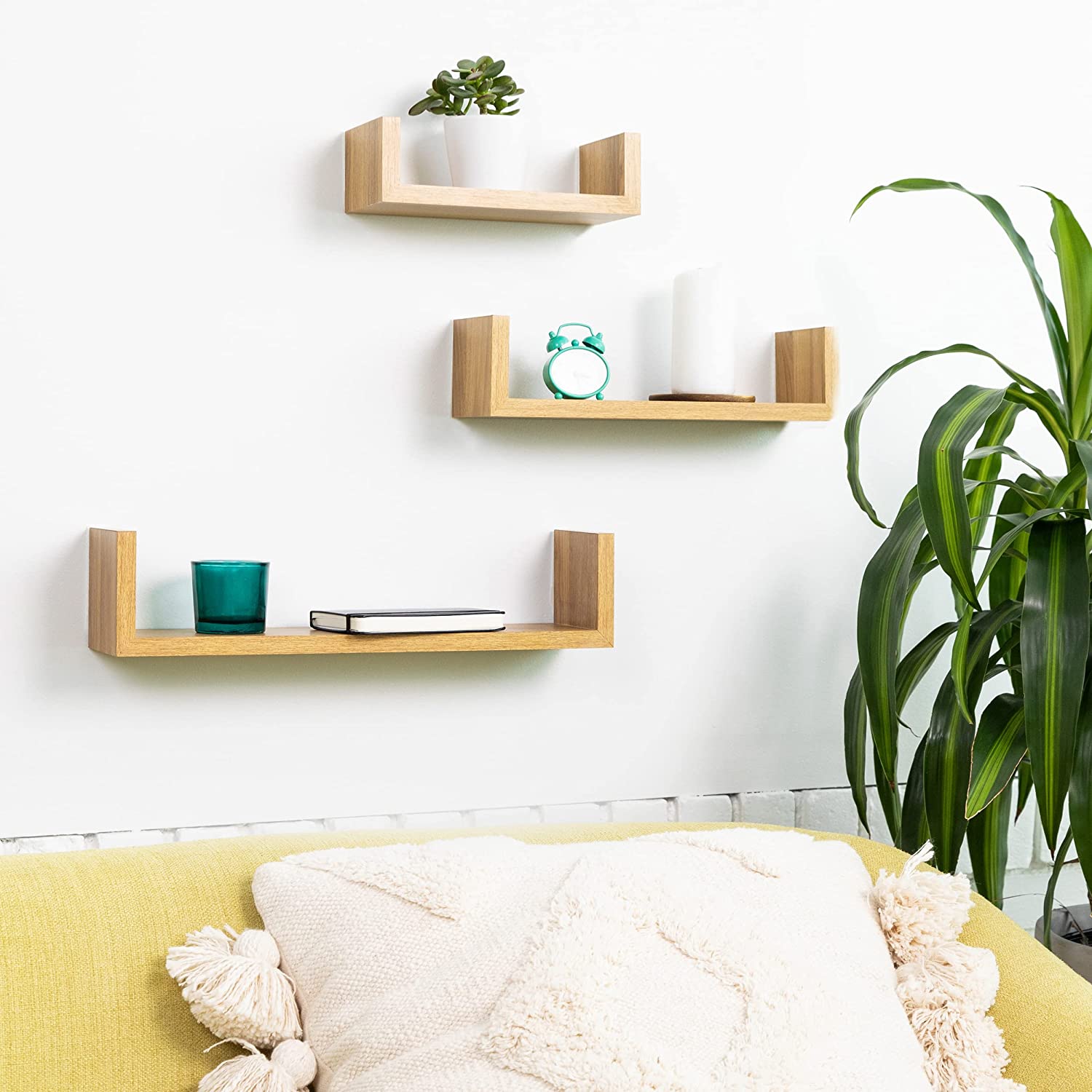 Greenco Set of 3 Floating U Shelves, Natural Finish Floating Storage Shelves for Wall - Wall Shelf Mount Sets