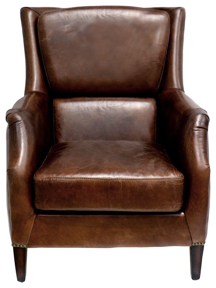 Pasargad Home Vicenza Genuine Leather Wing Back Chair  Brown   Transitional   Armchairs And Accent Chairs   by Pasargad Home  Houzz