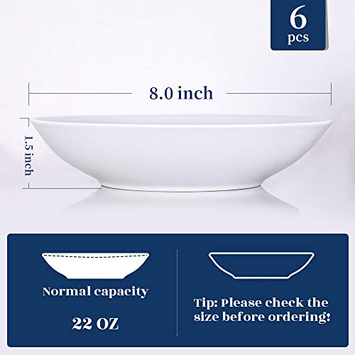 YHY 20-Ounce Porcelain Salad/Pasta Bowls Soup Bowl Set Shallow and White Set of 6 Daily-use 20 OZ