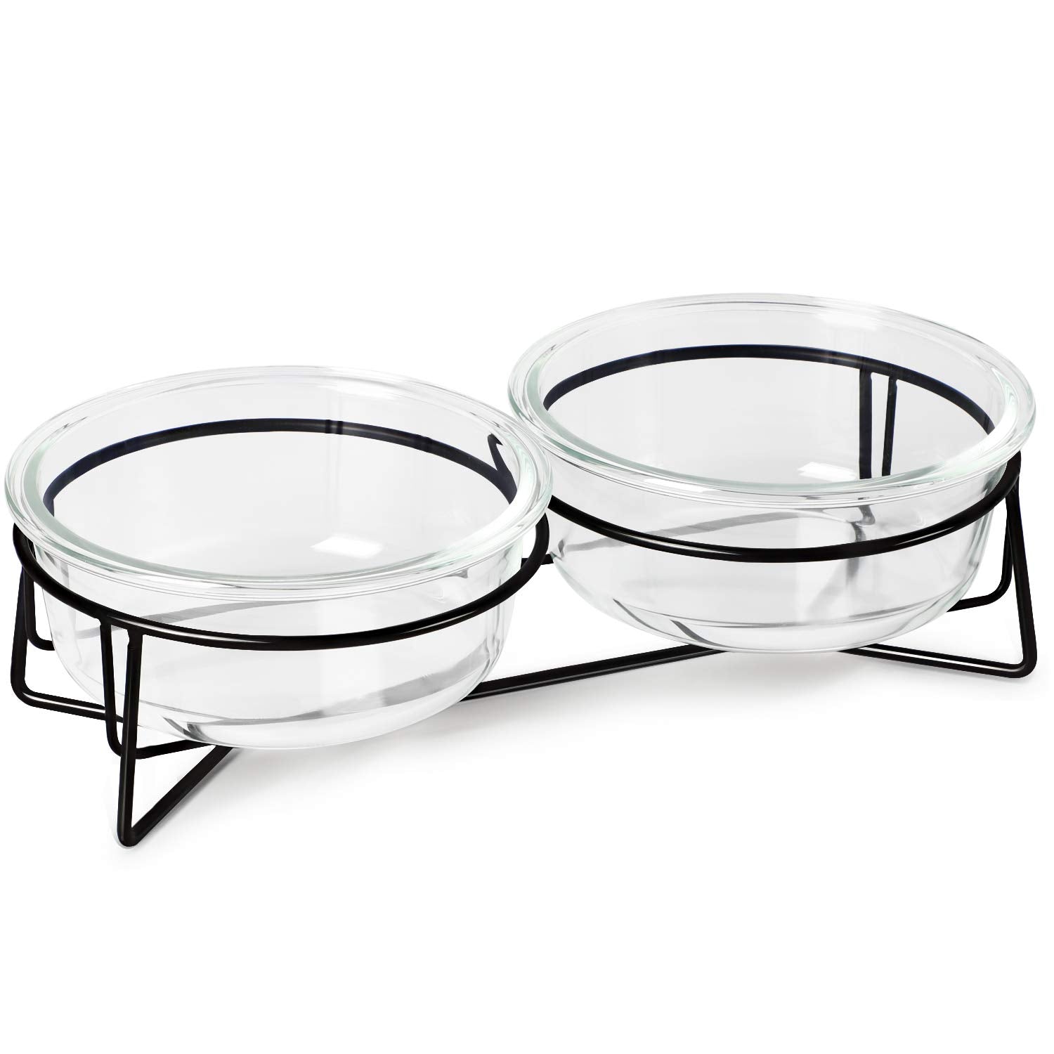 Double Glass Raised Cat or Small Dog Bowls with Metal Stand 20 Ounces, Transparent