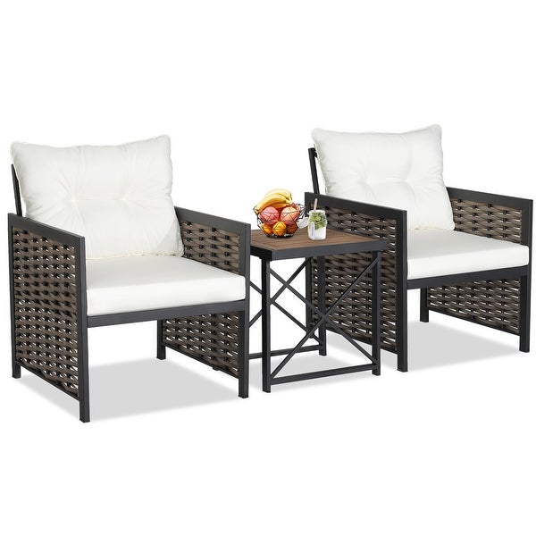 3 PCS Patio Rattan Furniture Set Acacia Wood Coffee Table and 2 Chairs - Overstock - 37842967