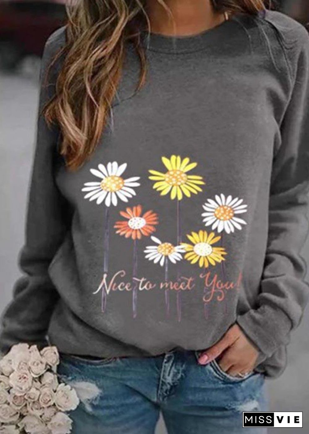 Nice to meet you' & Daisy Print Sweatshirt