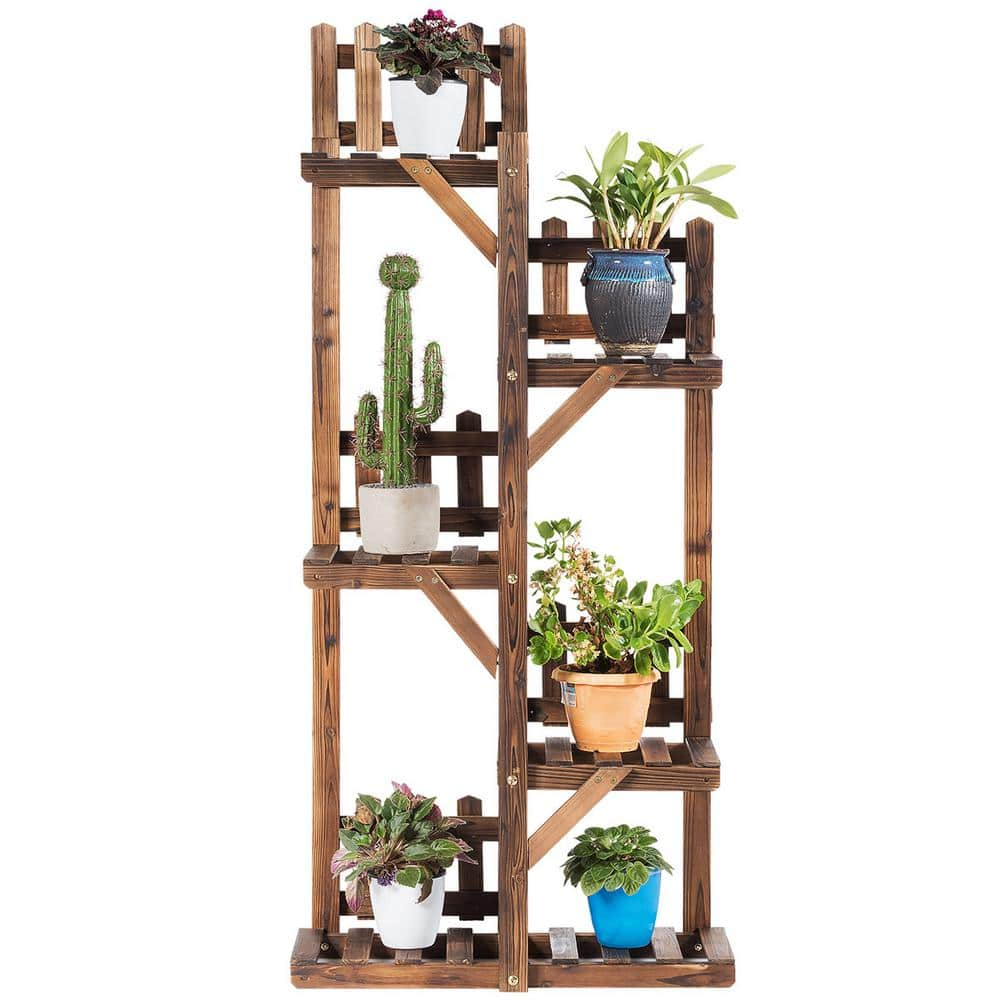 Costway 5-Tier Carbon Baking Wood Outdoor Plant Stands Multifunctional Storage Rack Display Shelf J9D34-A35