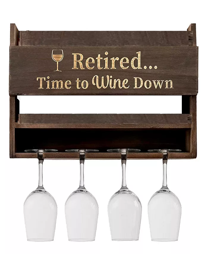 Bezrat Retired Time To Wine Down Wall Mounted Wine Rack with Wine Glasses， Set of 5