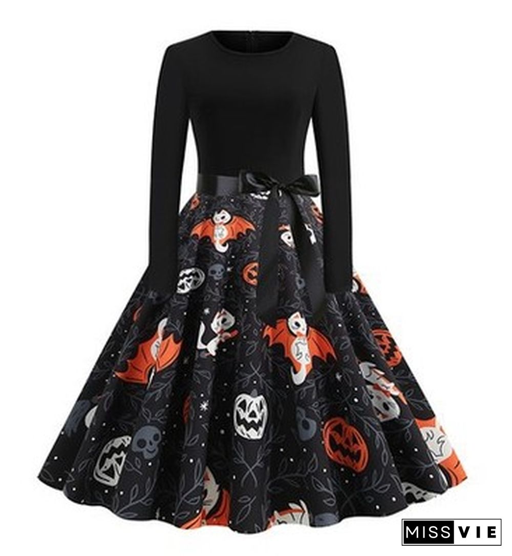 Halloween Print Stitching Long-Sleeved Big Dress