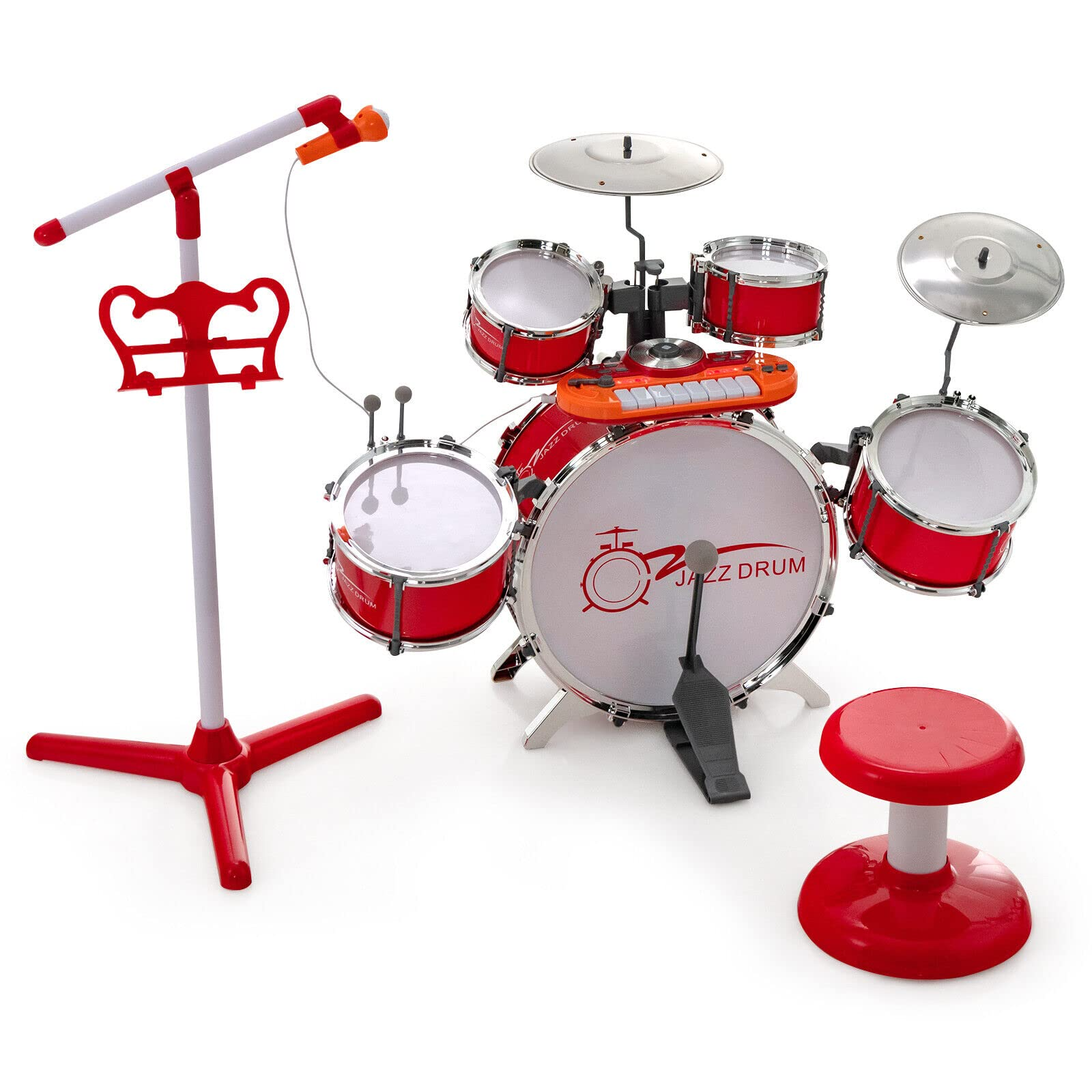 Costzon Kids Drum Keyboard Set with Stool & Microphone Stand, Jazz Drum Set with Cymbal