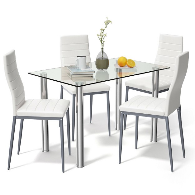 Costway 5 Piece Dining Set Table 29 6 x27 x27 And 4 Chairs Glass Metal Kitchen Breakfast Furniture White