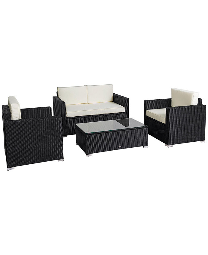 Outsunny 4-Piece Rattan Wicker Furniture Set Outdoor Cushioned Conversation Furniture with 2 Chairs Loveseat and Glass Coffee Table White