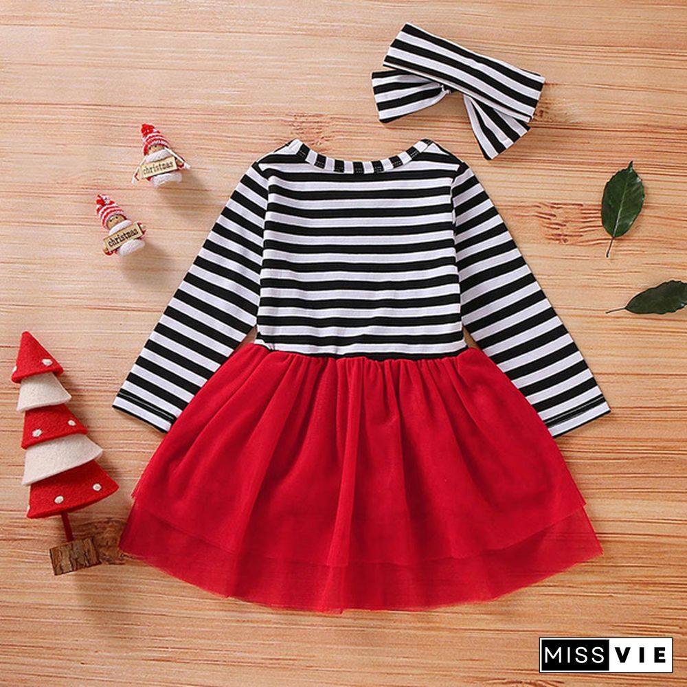 Toddler Baby Girls Christmas Santa Striped Print Tulle Dress+Headband Outfits