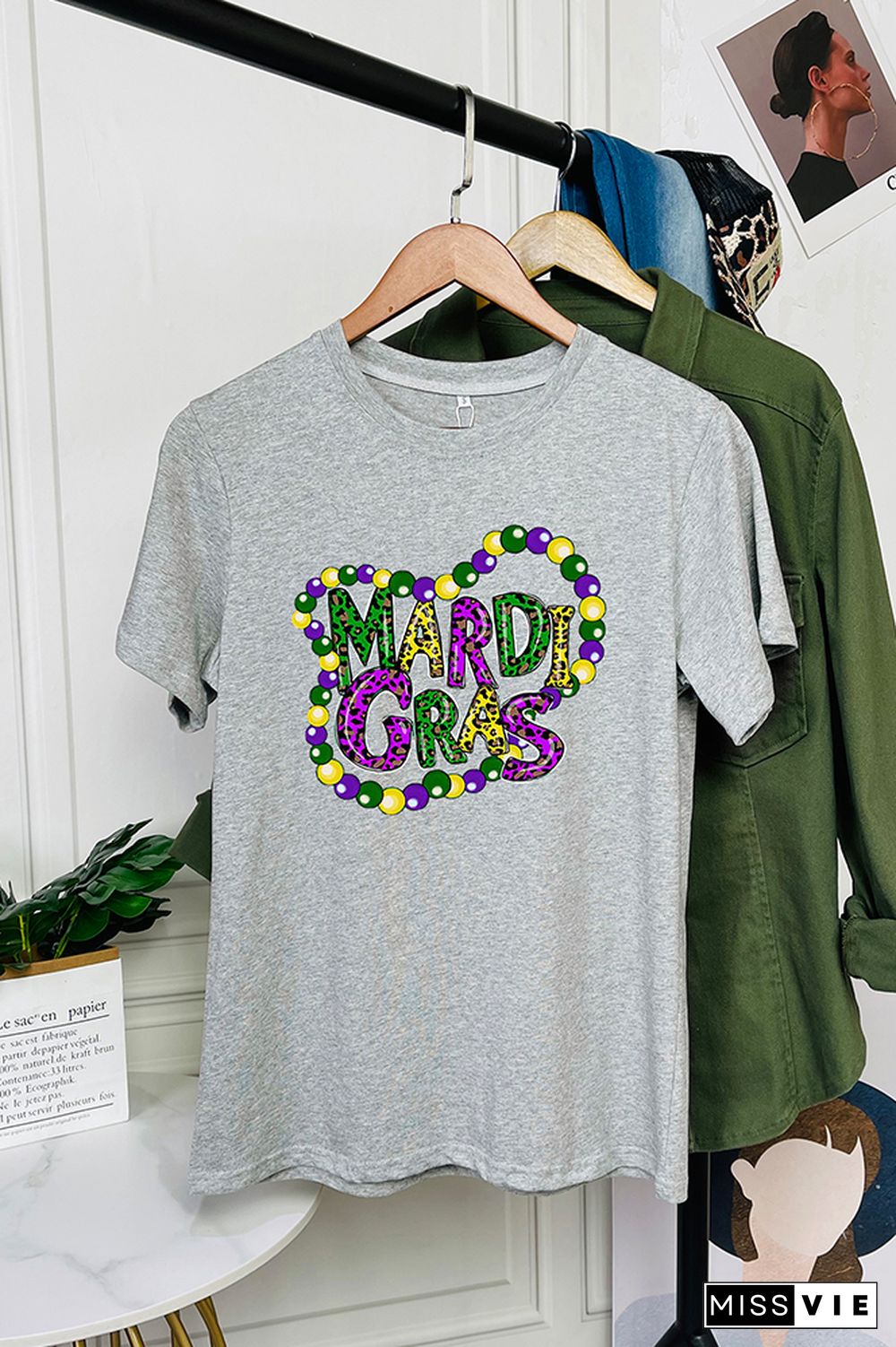 Mardi Gras Letter Print Short Sleeve Graphic Tee Wholesale