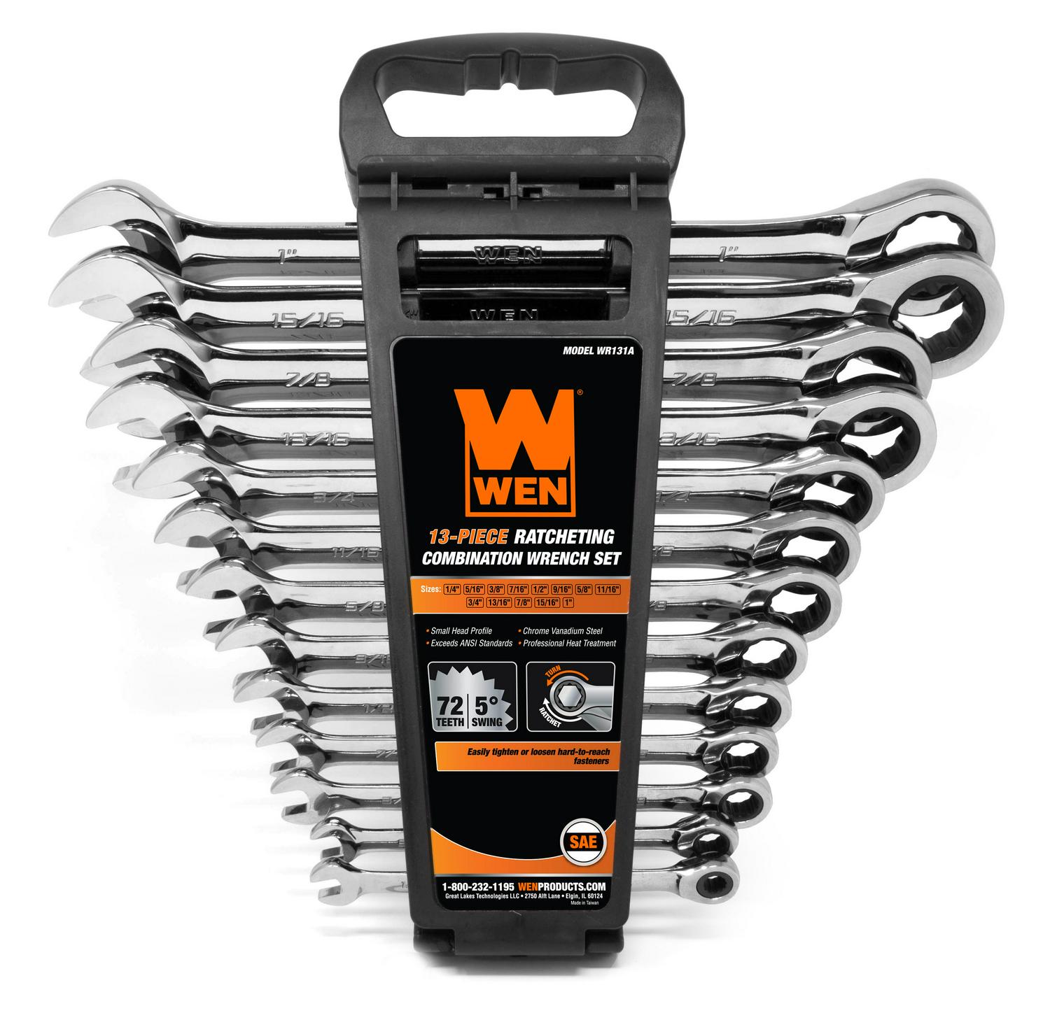 WEN 13-Piece Professional-Grade Ratcheting SAE Combination Wrench Set with Storage Rack