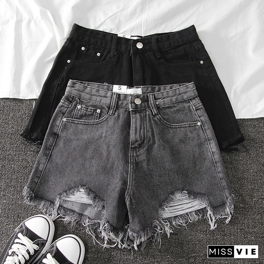 High waist denim shorts women summer new style ripped wide leg shorts with raw edges