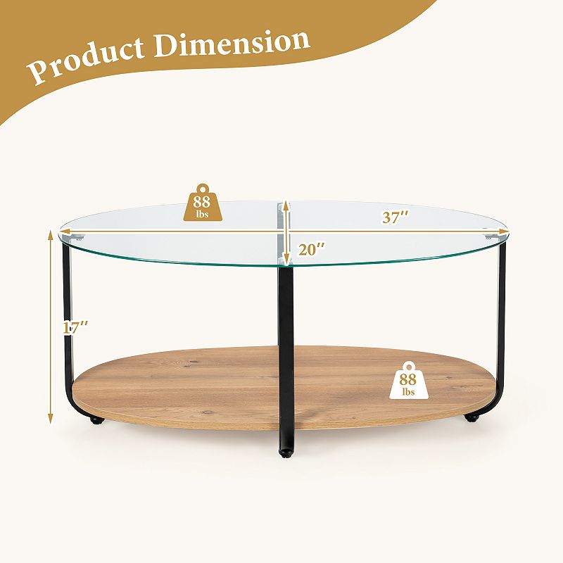 2-Tier Glass-Top Oval Coffee Table with Wooden Shelf for Living Room