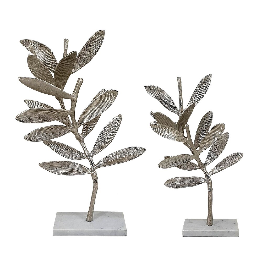 A B Home Intrinsic Leaf Aluminum Statuaries   Set of 2   Silver/White