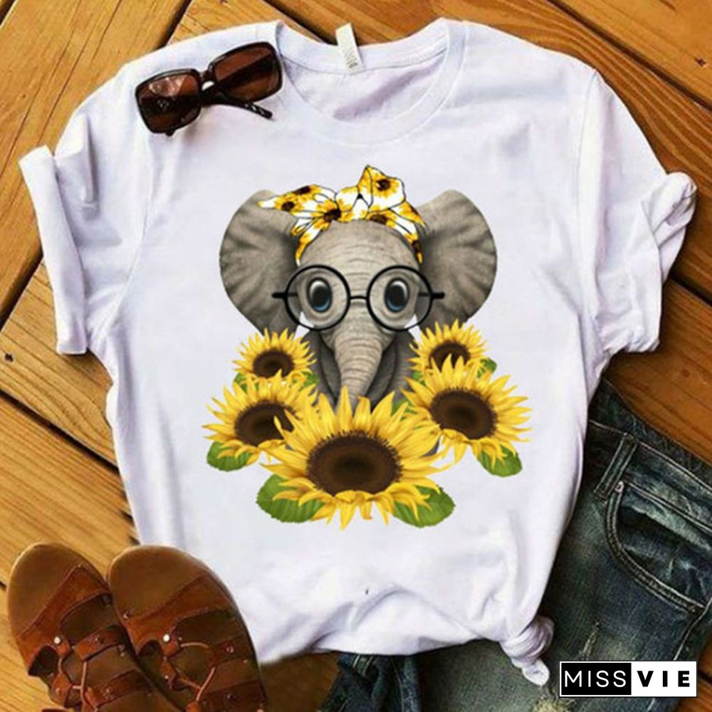 New Sunflower Elephant Print Short-sleeved Ladies T-shirt, Ladies Fashion Casual T-shirt.