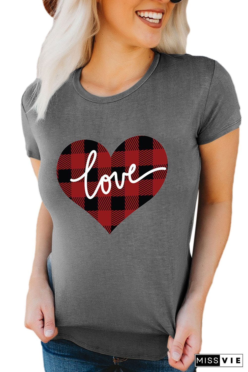 VALENTINE'S DAY Plaid Heart Graphic Tee Short Sleeve T shirts Top Wholesale