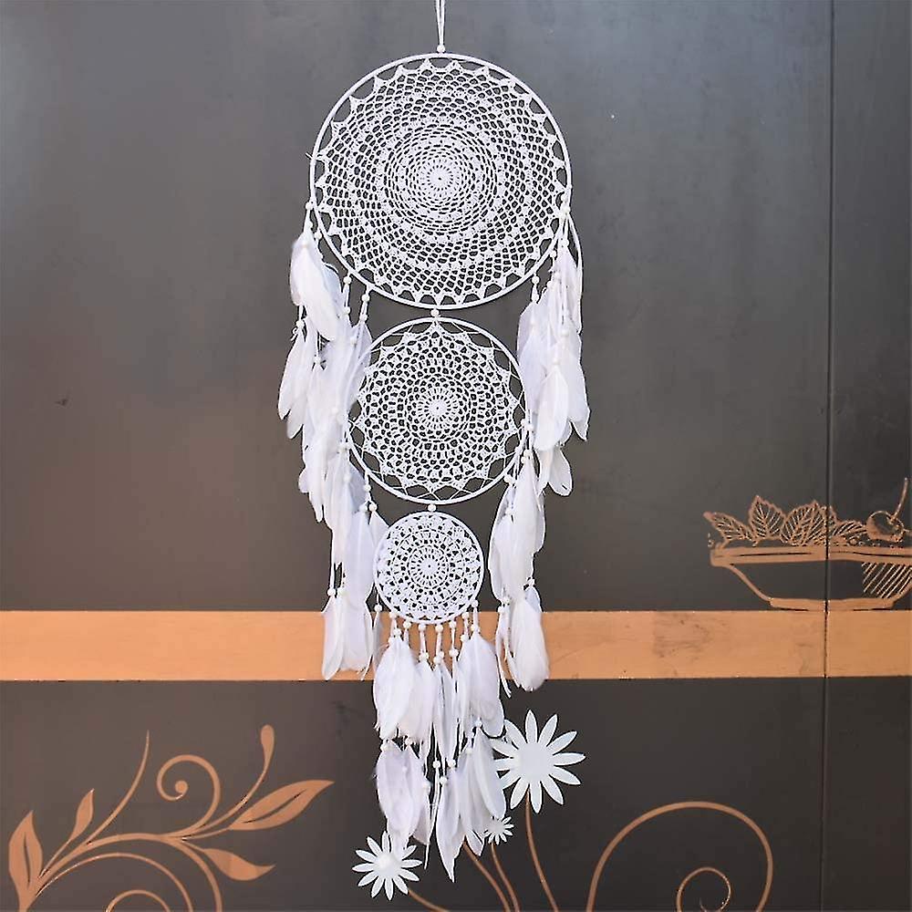 Large Dream Catcher With 3 Circles， White Macrame Feathers To Hang