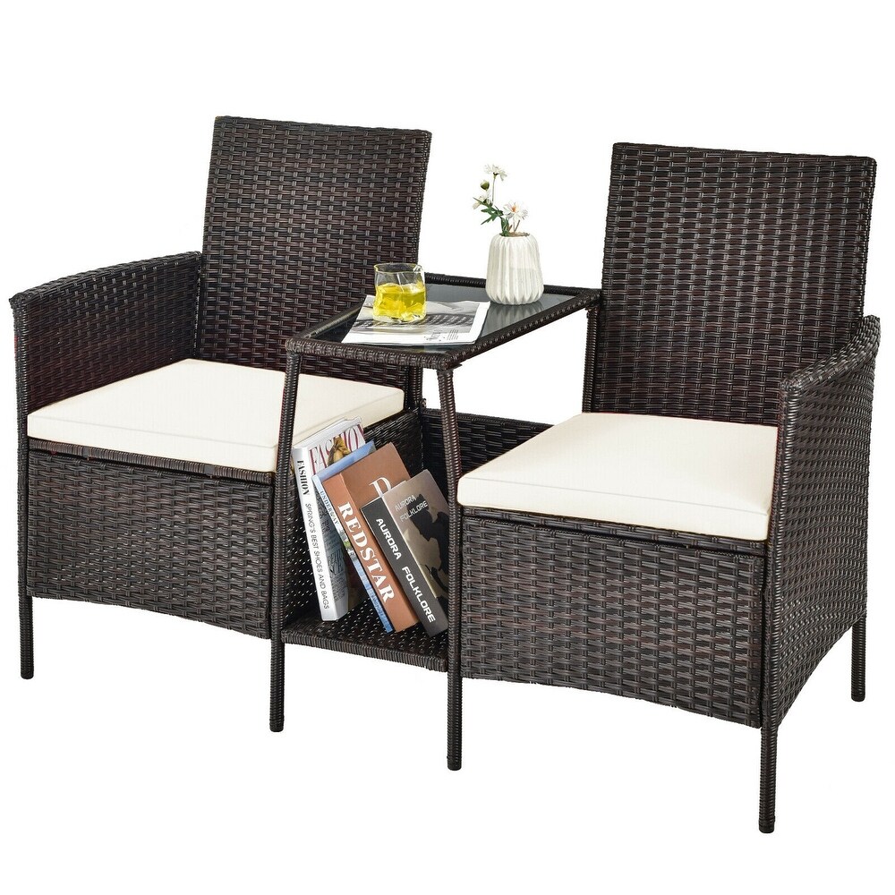 Patio Rattan Wicker Conversation Set Sofa Cushioned Loveseat Glass Table