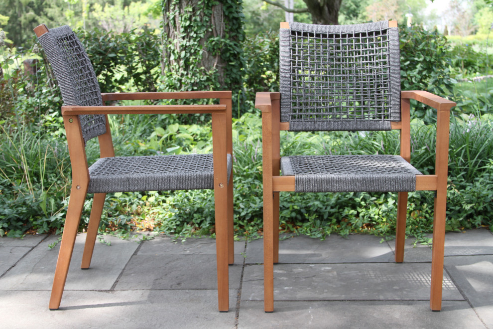 6 Piece Eucalyptus Checkerboard Dining Set With Rope Chairs   Beach Style   Outdoor Dining Sets   by Outdoor Interiors  Houzz