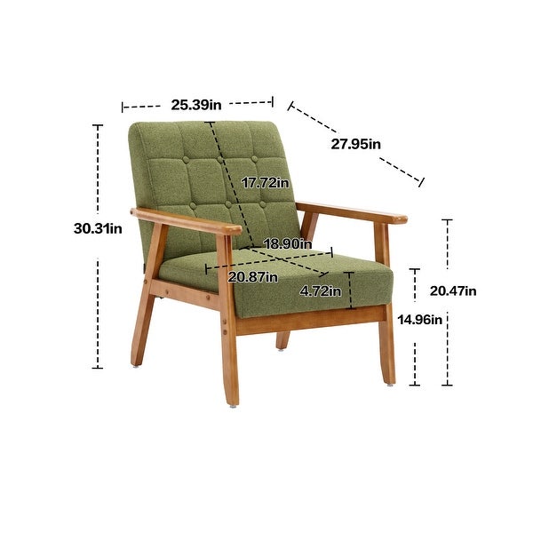 Modern Solid Wood Armrest Accent Chair， Mid-Century Linen Upholstered Button Lounge Chairs， for Livingroom Chair， Green