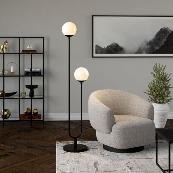 Dufrene 2-Light Floor Lamp with Glass Shades in Blackened Bronze/White Milk