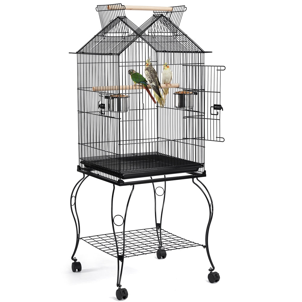 Yaheetech 57''H Open Top Metal Parrot Cage Bird Cage with Rolling Wheels Perches Slide-Out Tray For Cockatiels， Black